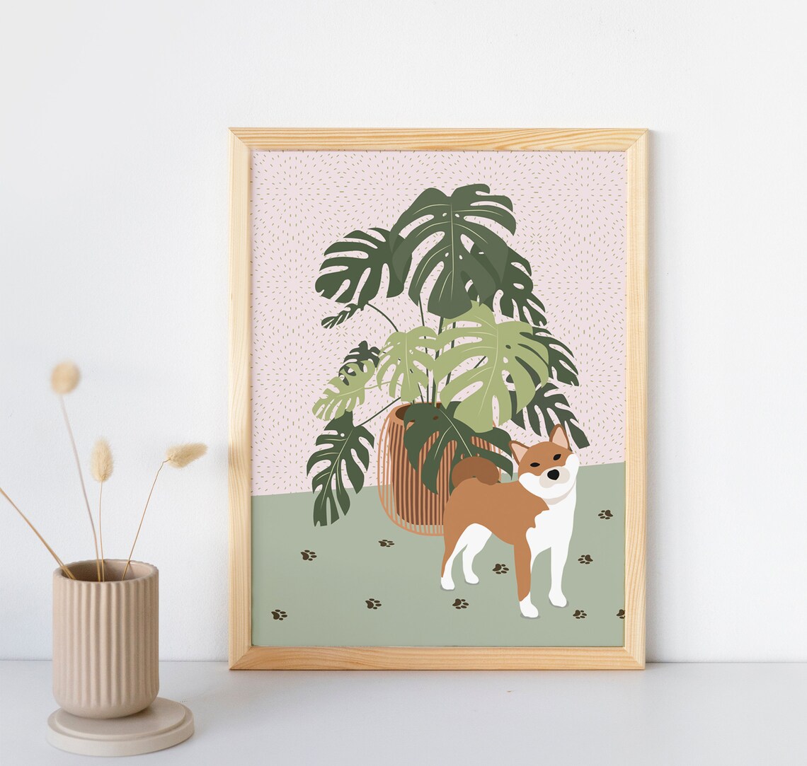 Shiba and Monstera Art Print, Dog Lover Decor