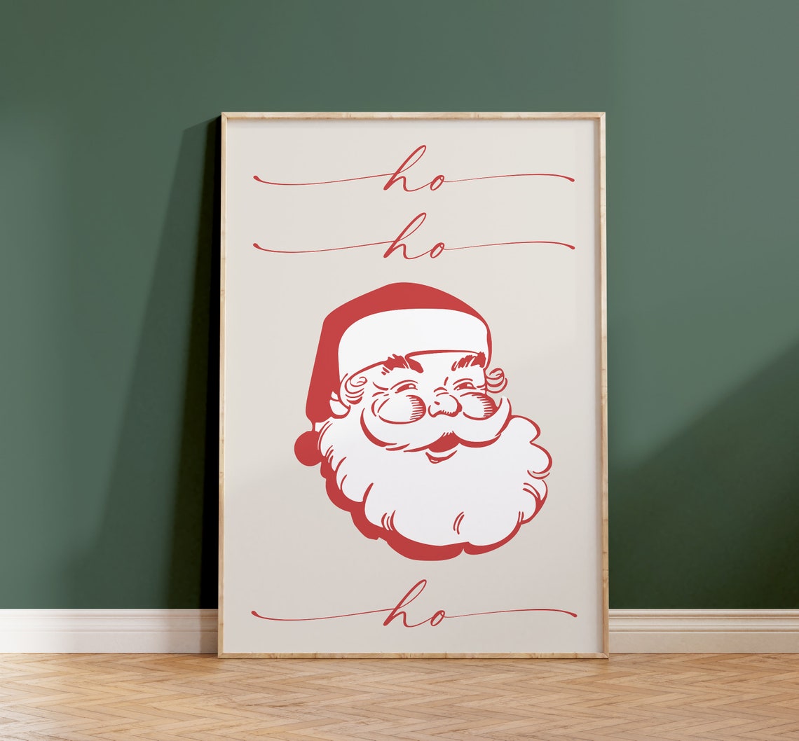 Ho Ho Ho Jolly Retro Santa Claus Face Cream Red Christmas Wall Art