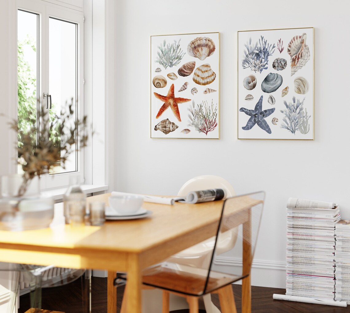 Watercolor Sea Shells Starfish Coral White Coastal Beach Wall Art - Image 3