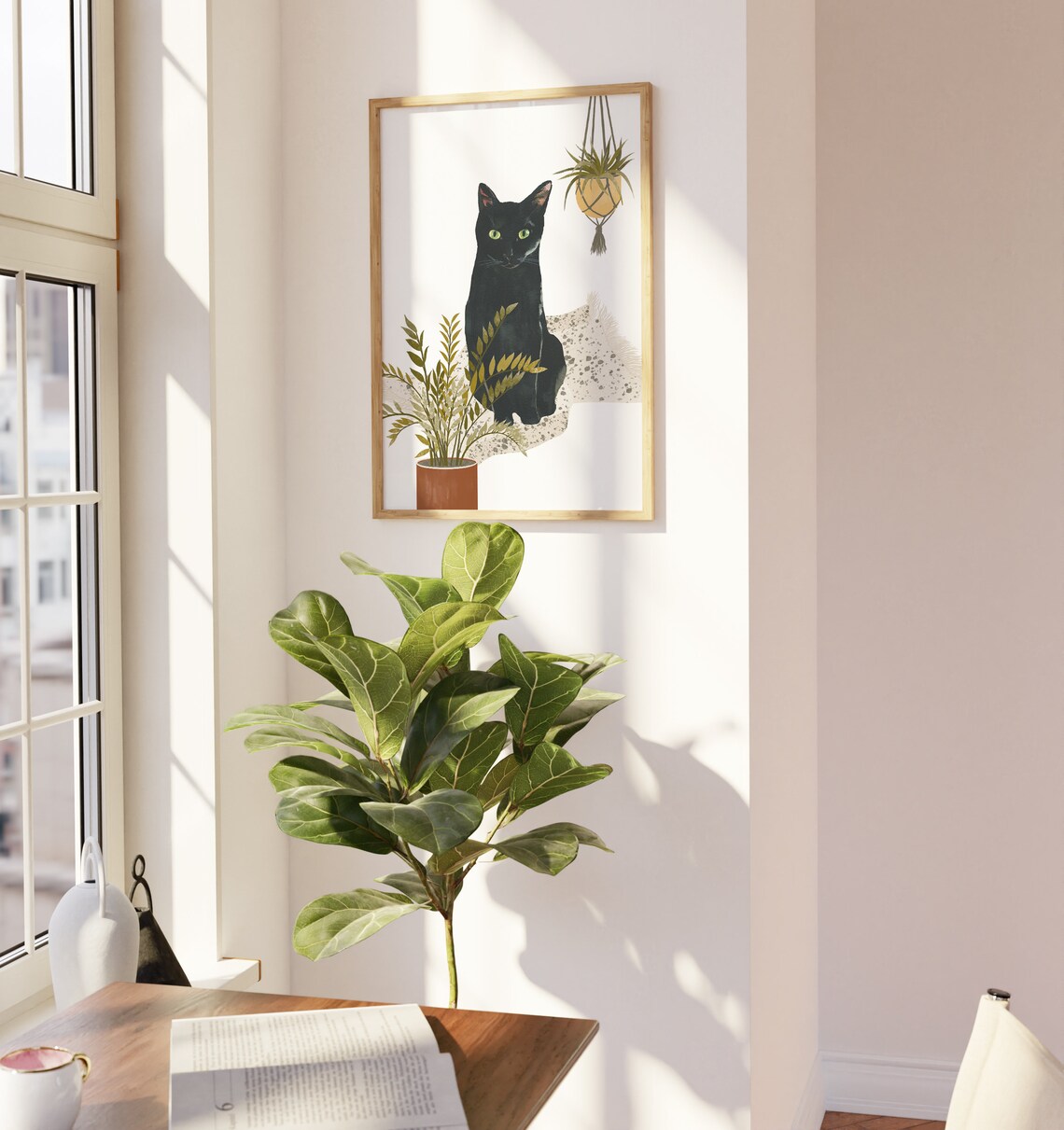Black Cat and Plants Watercolor Cat Art Print - Image 2