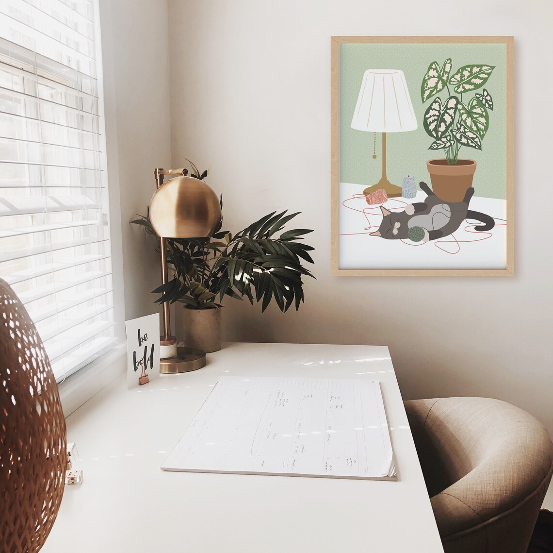 Cat Playing Alone Boho Cat Plant Art Print - Image 4