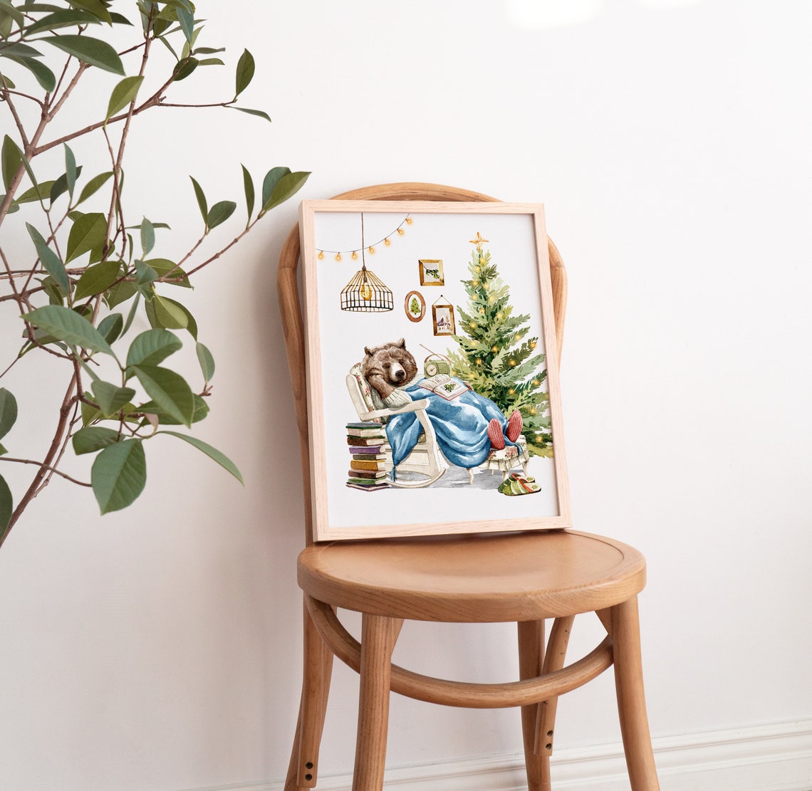 Sleepy Brown Bear Napping By Christmas Tree Watercolor Wall Art - Image 2