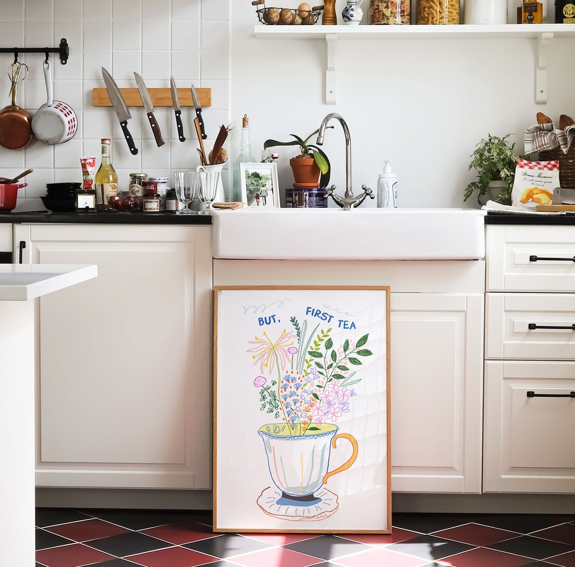 But First Tea Floral Teacup Hand Drawn Colorful Kitchen Decor Poster - Image 2