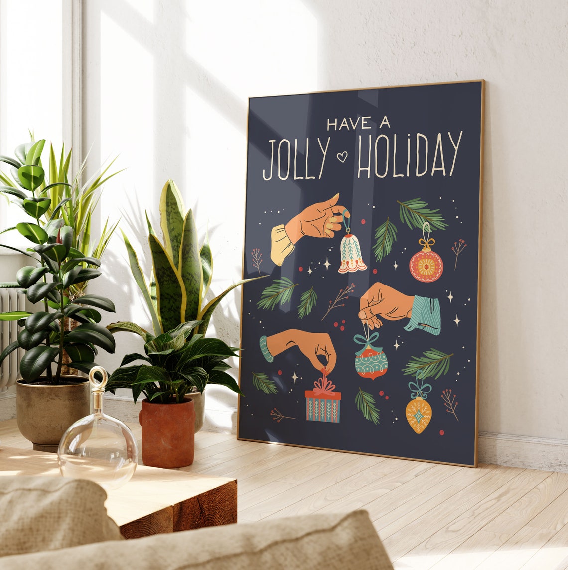 Have A Jolly Holiday Hands Hanging Bright Ornaments Navy Wall Art - Image 4