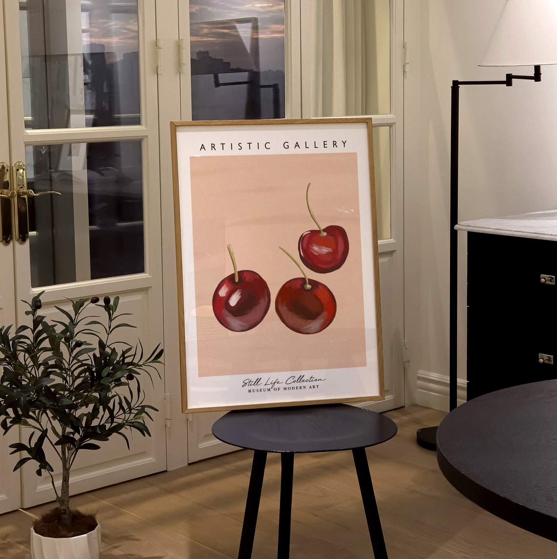 Three Red Cherries Minimalist Still Life Sweet Kitchen Gallery Poster - Image 3