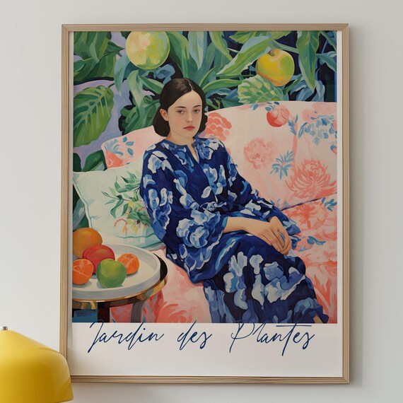 Botanical Portrait Print Jardin Des Plantes Woman In Blue Floral Dress Poster Elegant Drawing Illustration