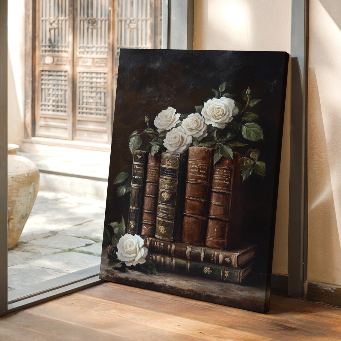 White Roses With Antique Leather Books Dark Floral Still Life Poster