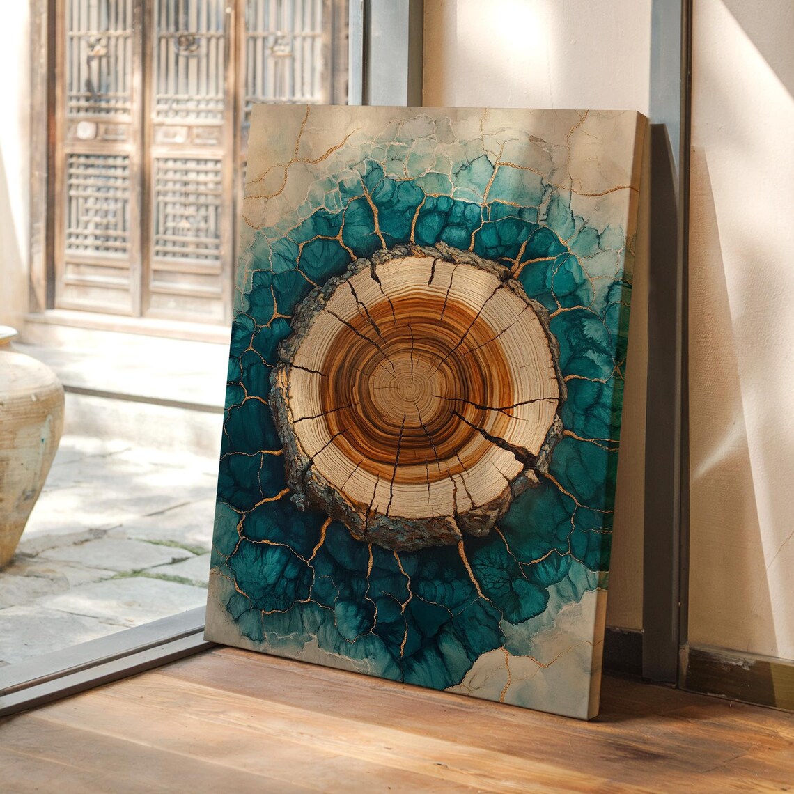 Abstract Tree Ring Cracked Wood Resin Art Rustic Blue Gold Nature Wall Decor Modern Organic Textured Print