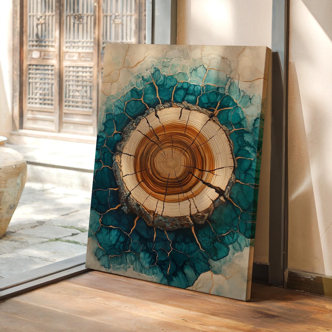 Tree Ring Resin Art Teal And Gold Cracked Wood Nature Wall Poster