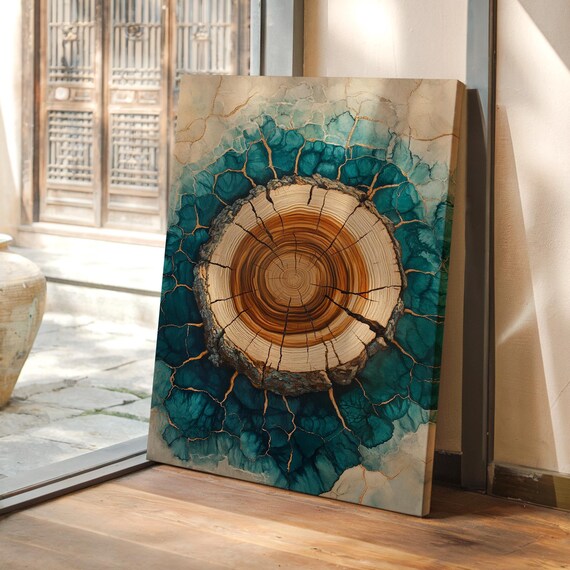 Abstract Tree Ring Cracked Wood Resin Art Rustic Blue Gold Nature Wall Decor Modern Organic Textured Print