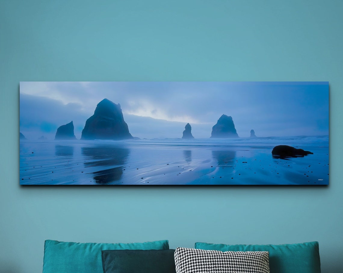 Misty Sea Stacks Coastal Panorama Blue Hour Ocean Landscape Poster