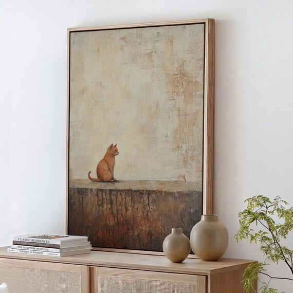 Orange Tabby Cat Sitting Alone Minimalist Textured Beige Poster