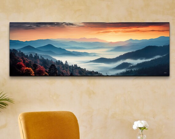 Great Smokey Mountains Sunset Photo Style Painting Print Tennessee North Carolina Landscape Wall Art Ready To Hang Framed