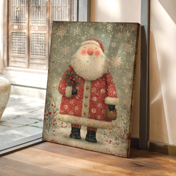 Whimsical Folk Art Santa Holding Holly Snowflake Rustic Poster