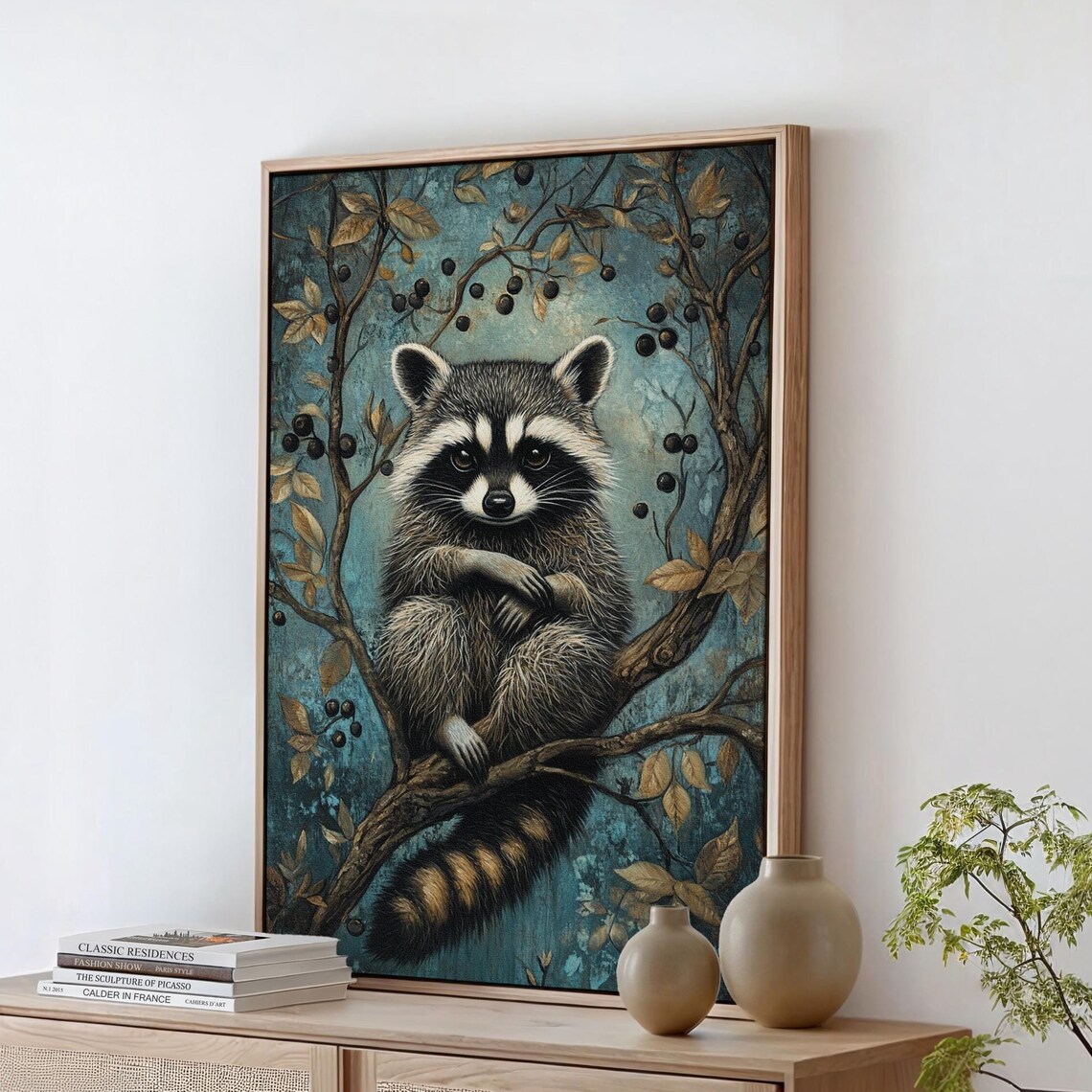 Raccoon Sitting on Branch With Berries Turquoise Wildlife Poster