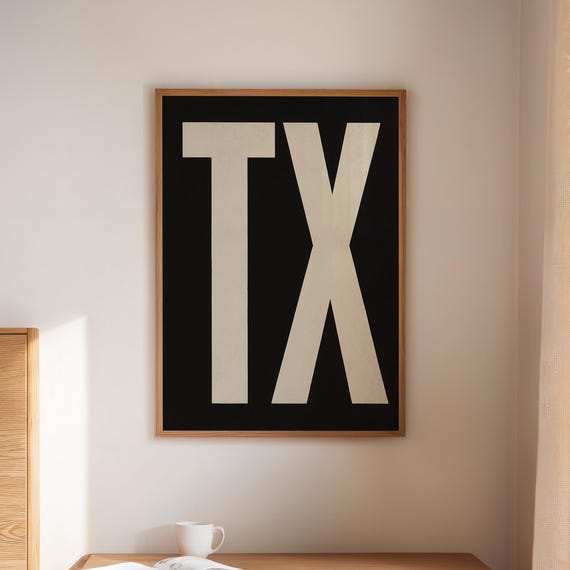 Tx Typography Wall Art Modern Texas Letters In Bold Black And White Minimalist Western Poster For Rustic Home Or Office Decor