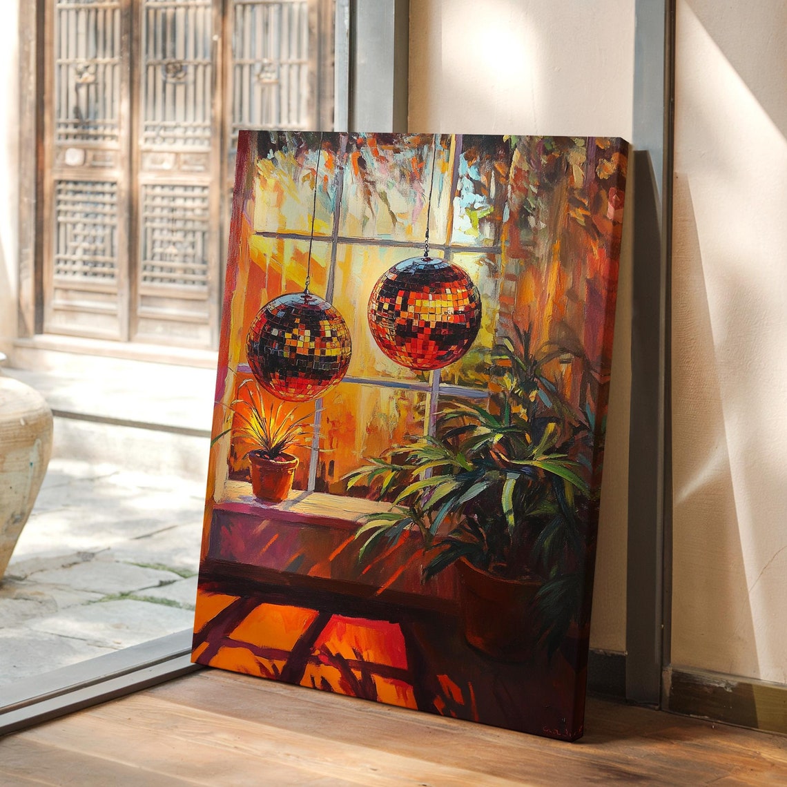 Retro Disco Balls Warm Sunset Window Plants Disco Party Art Poster