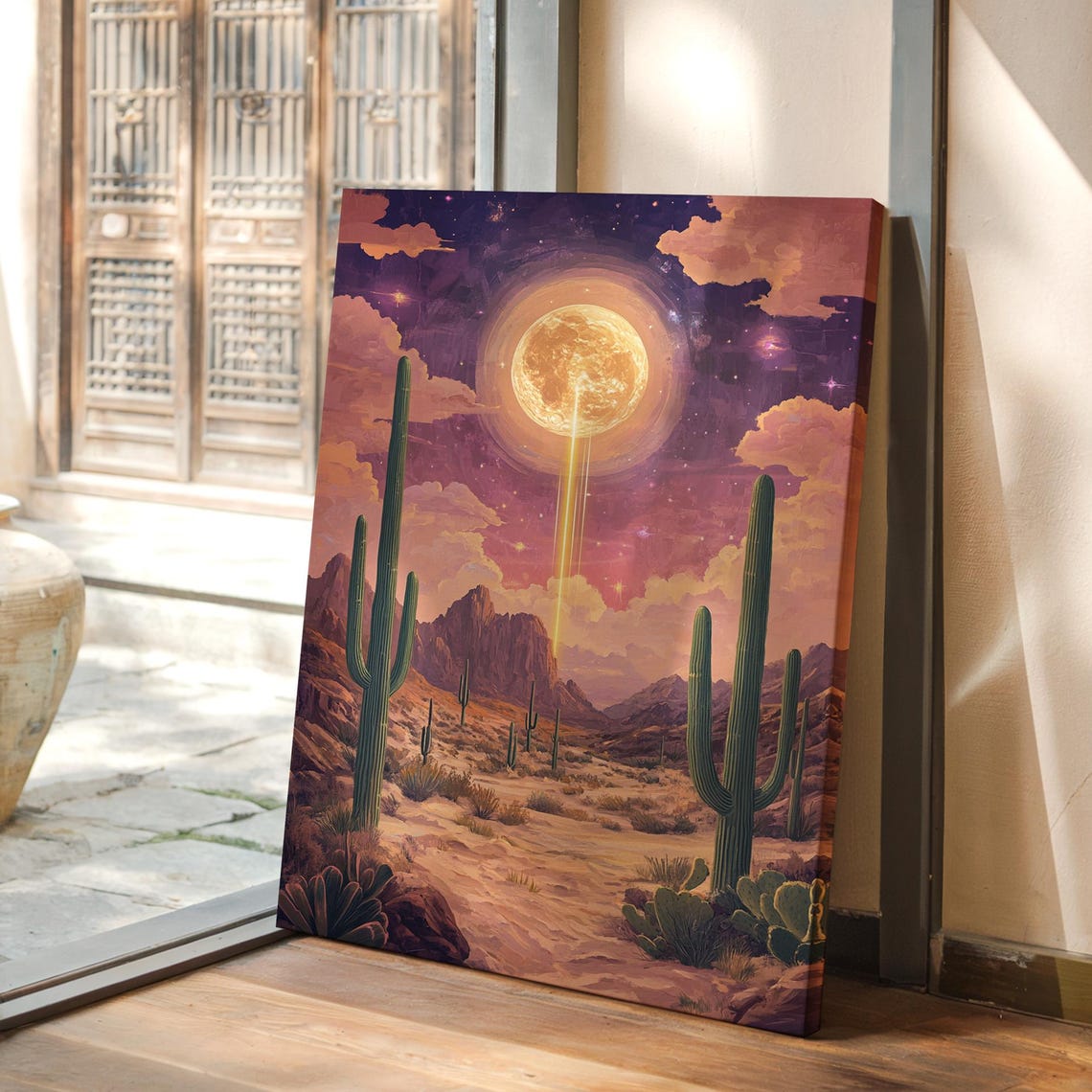 Surreal Cosmic Full Moon Beaming Over Desert Cacti Night Sky Poster