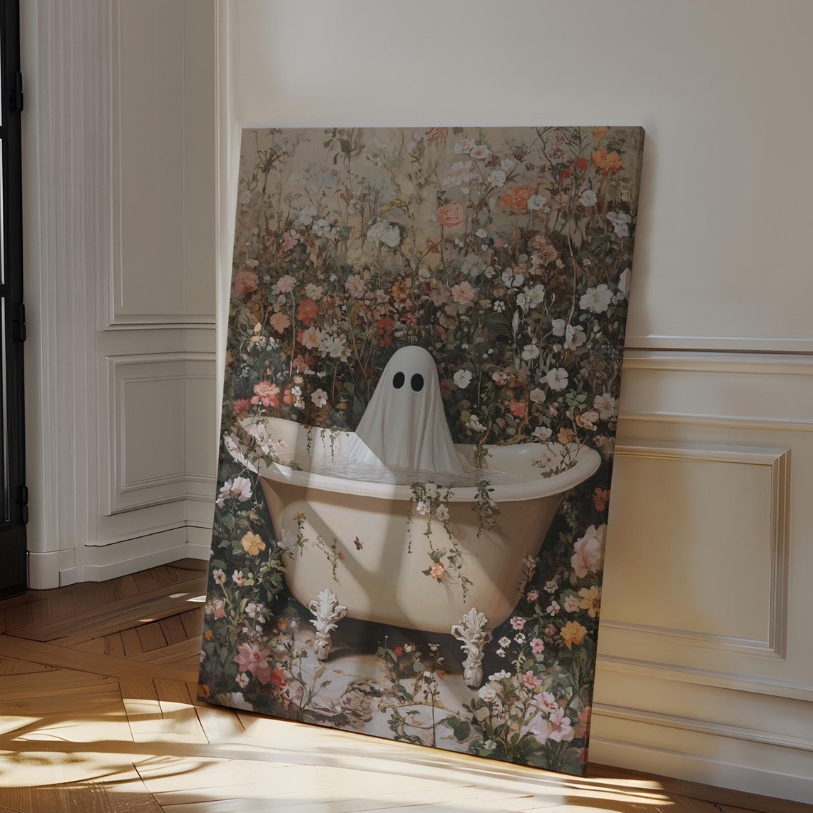 Whimsical Ghost Bathing In Vintage Tub Among Wildflowers Canvas Poster