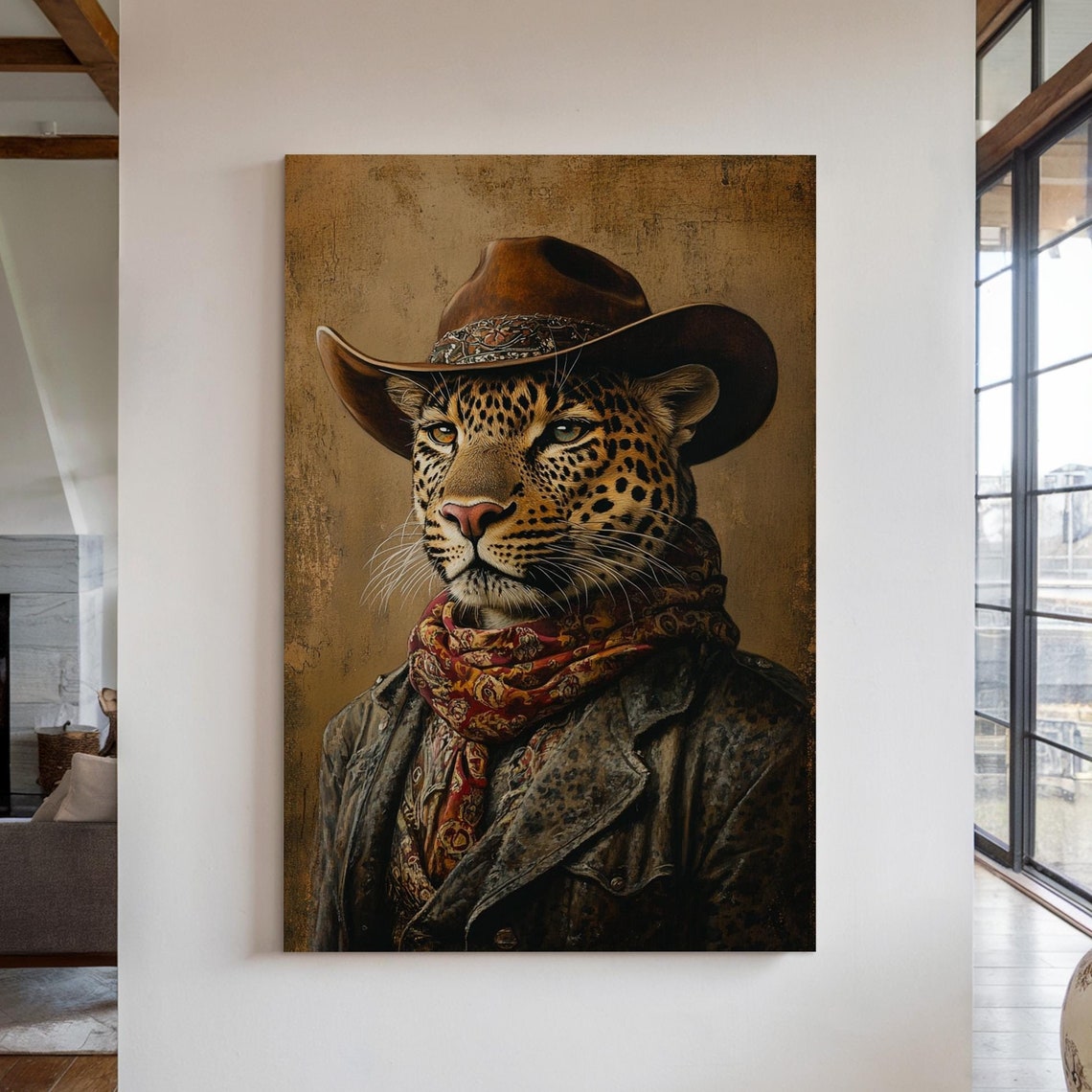 Leopard Cowboy Portrait Western Hat Bandana Rustic Animal Poster