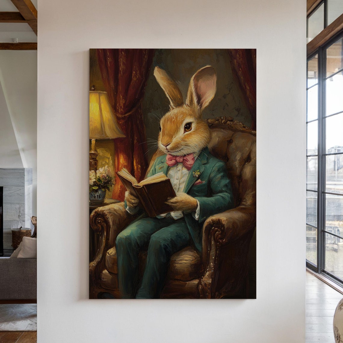 Gentleman Rabbit in Green Suit Reading Book in Library Chair Poster