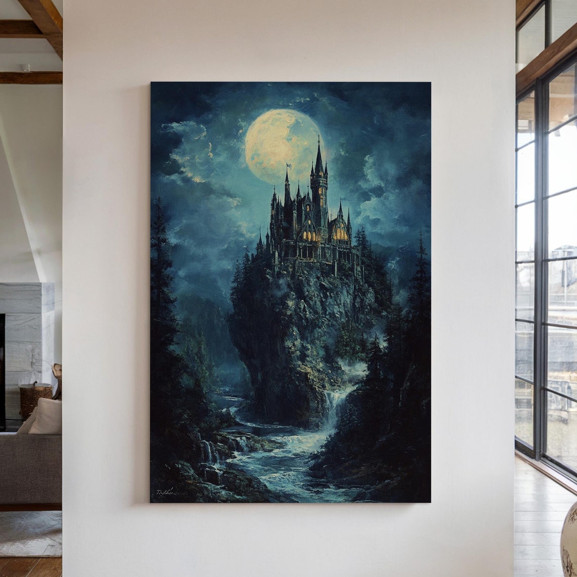 Gothic Castle On Cliff Art Full Moon Night Landscape Enchanted Waterfall Scene Fantasy Wall Decor For Home Or Office