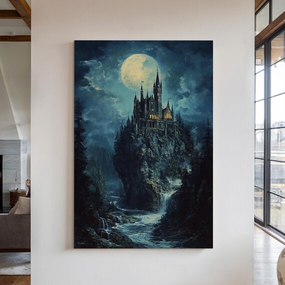 Gothic Castle On Cliff Full Moon Waterfall Enchanted Night Wall Art