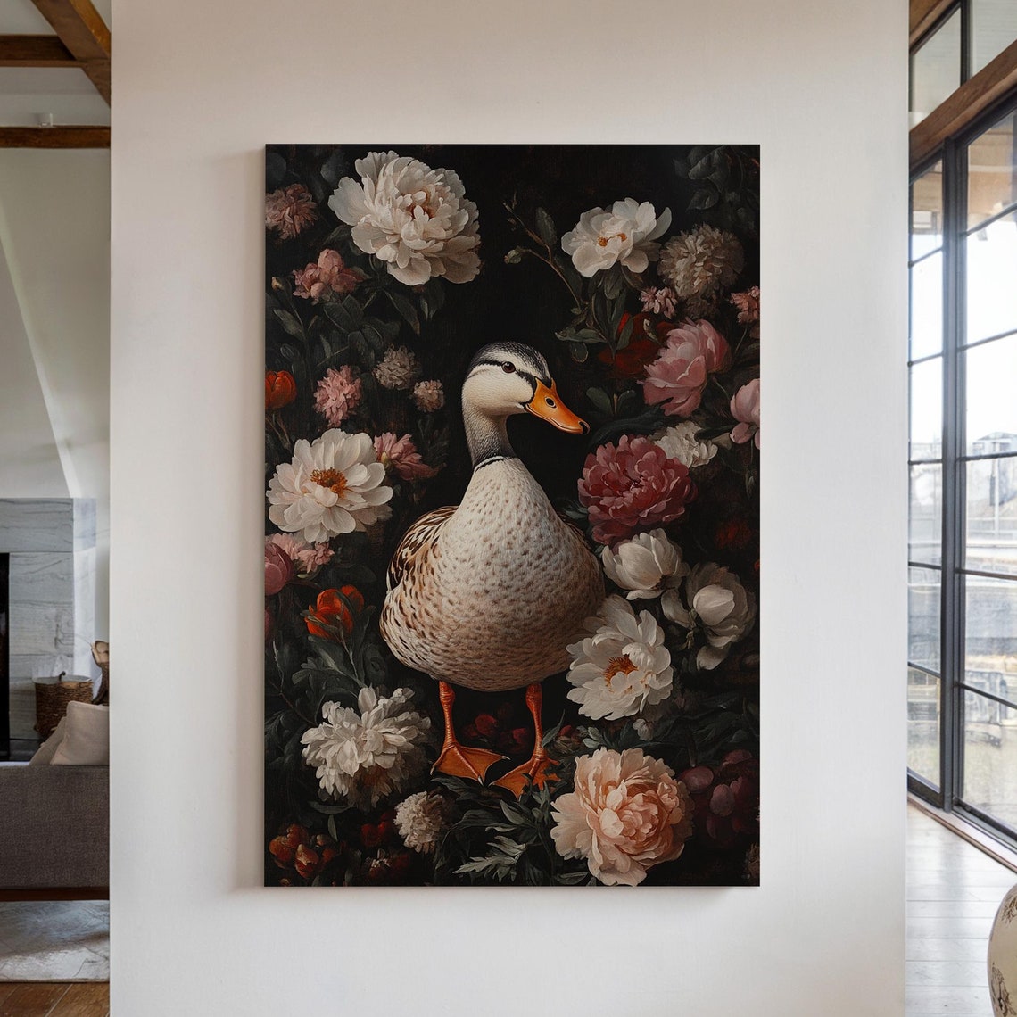 Elegant Duck Among Lush Peonies Dark Vintage Floral Wall Poster