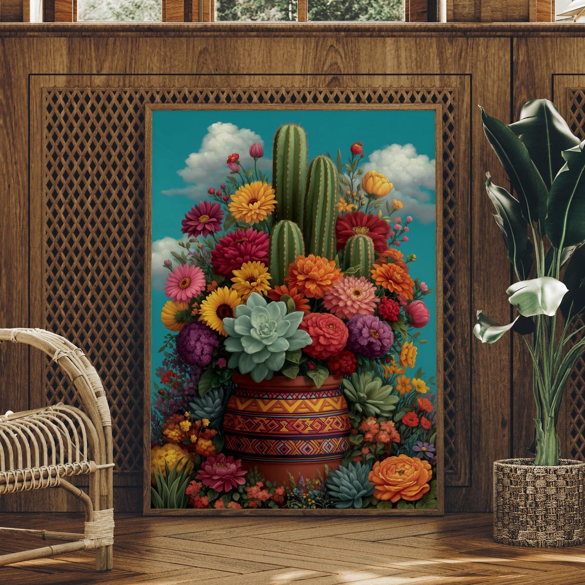 Bright Cactus And Flower Bouquet In Patterned Pottery Art Print