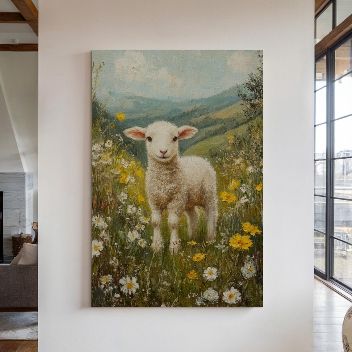 Pastoral Lamb In Wildflower Field Spring Hills Rustic Painting Poster