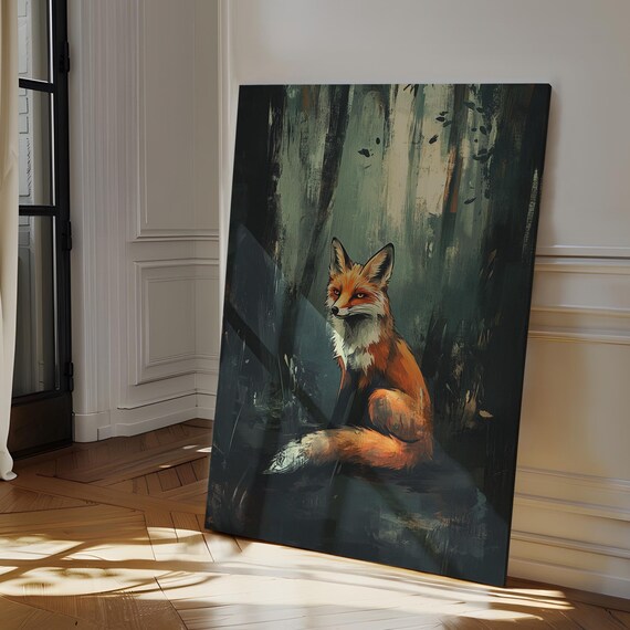 Red Fox Among Tall Dark Trees Painterly Woodland Wildlife Poster
