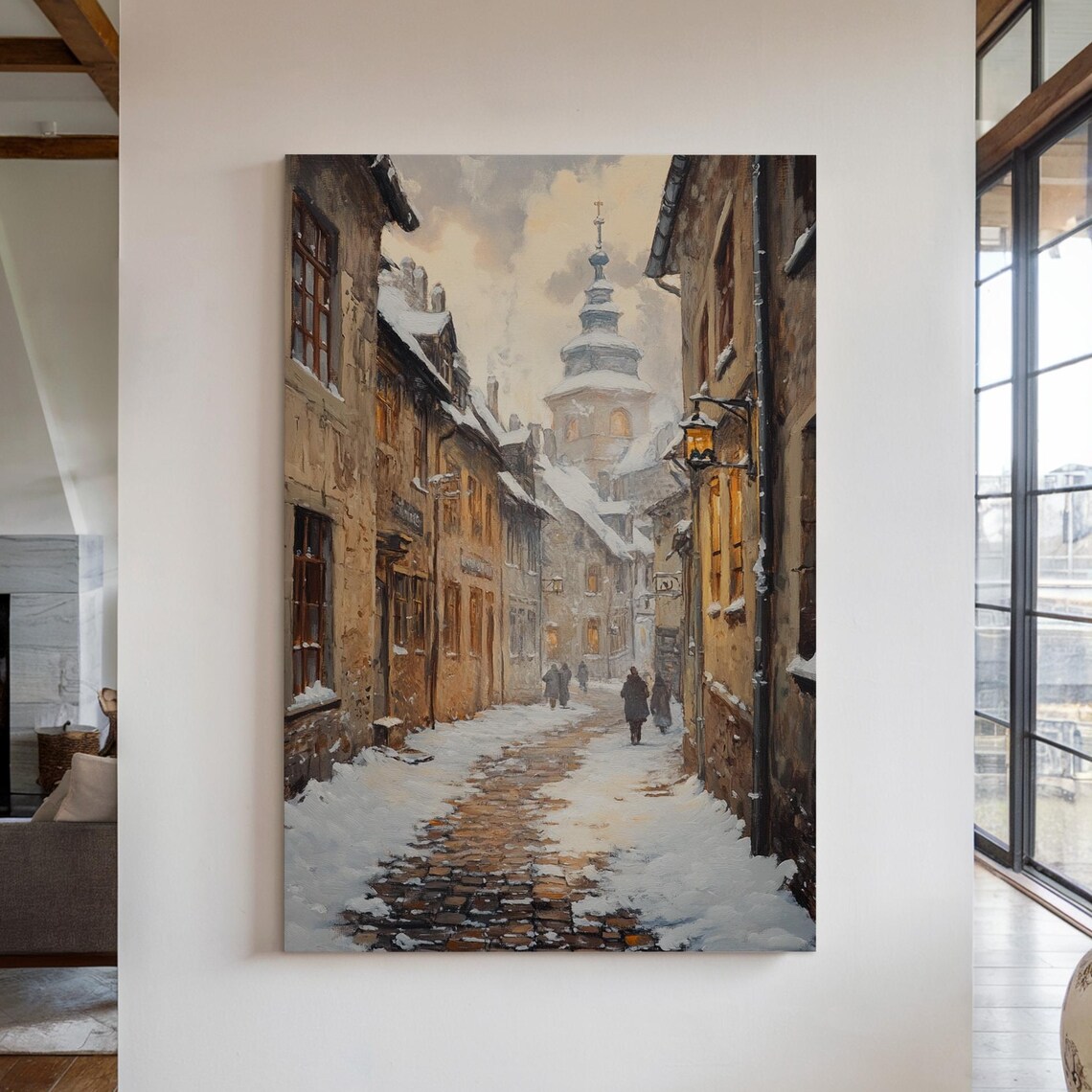 Snow Covered European Street with Church Tower Winter Poster
