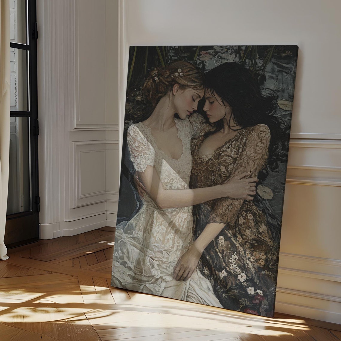 Romantic Embrace Wall Art Vintage Oil Painting Of Two Women In Lace Dresses Love And Intimacy Feminine Elegance Decor
