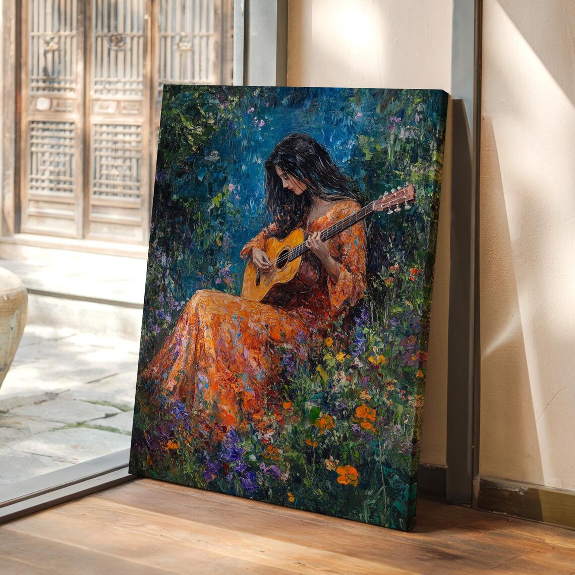 Woman Playing Guitar in a Vibrant Garden, Art Print