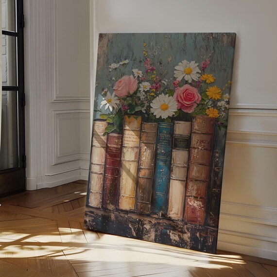 Vintage Floral Bookshelf Old Books With Daisies Rustic Poster