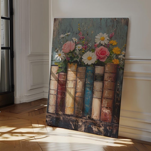 Vintage Floral Bookshelf Wall Art Rustic Flowers And Classic Books Painting Unique Home Library Or Office Decor