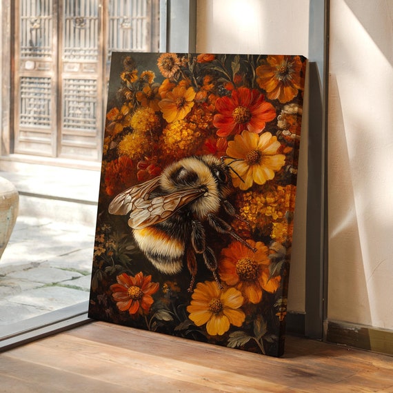 Realistic Bumblebee Art Vibrant Wildflowers And Bee Painting Nature Inspired Wall Decor For Home Pollinator Artwork