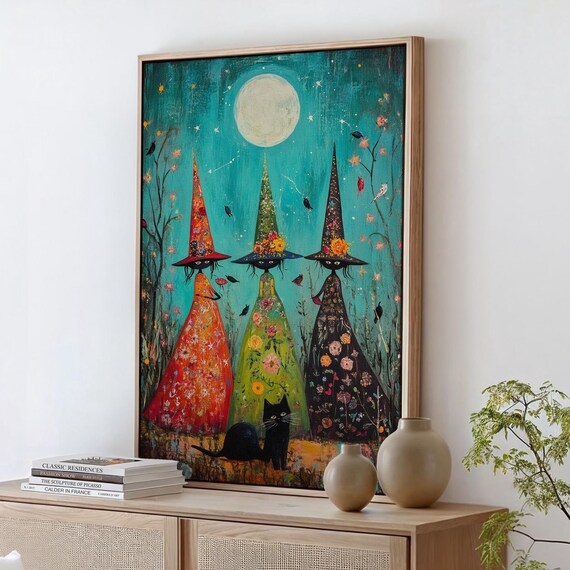 Magical Witches Gathering Under Moonlight Floral Gowns Halloween Poster