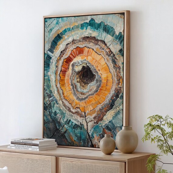 Abstract Geode Art Vibrant Petrified Wood Texture Earthy Blue Orange Wall Decor Organic Stone Inspired Painting