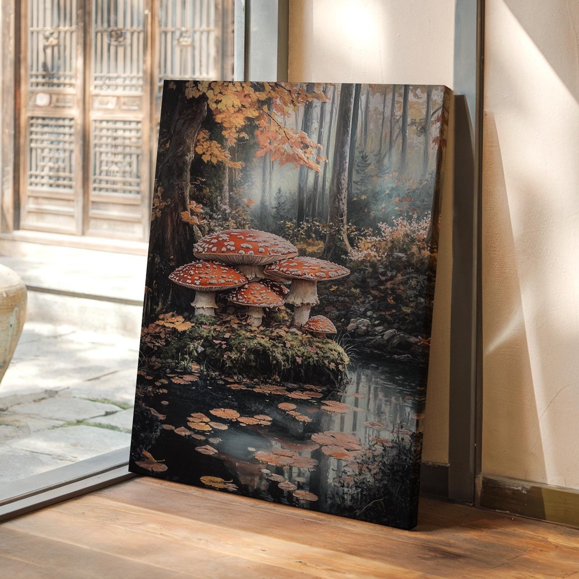 Red Toadstool Mushrooms by a Stream in an Autumn Forest Poster