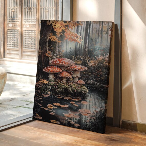 Red Toadstool Mushrooms by a Stream in an Autumn Forest Poster