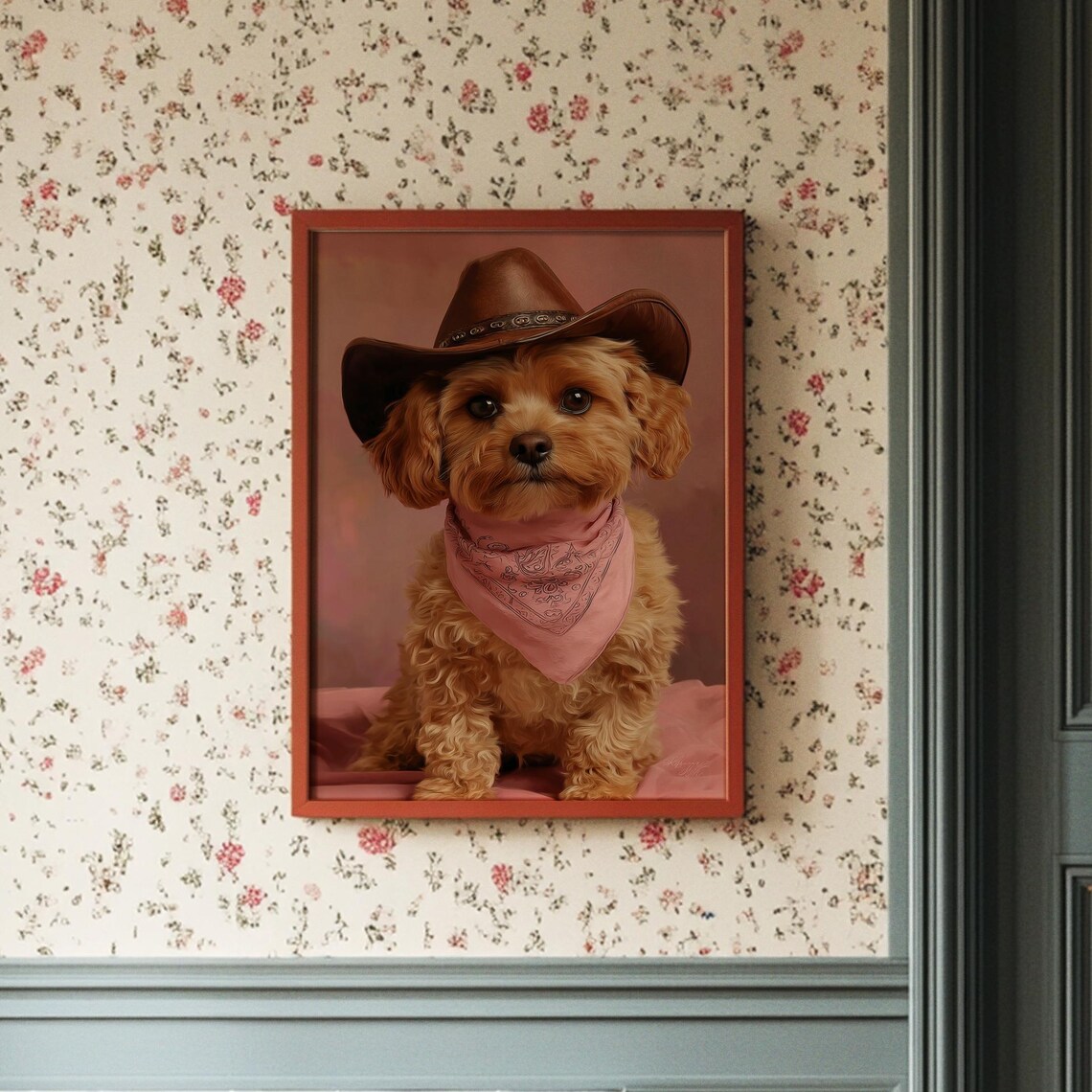 Cowboy Puppy In Pink Bandana And Hat Cute Dog Portrait Wall Art