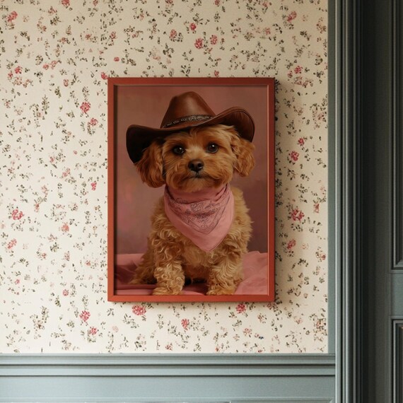 Cowboy Puppy In Pink Bandana And Hat Cute Dog Portrait Wall Art