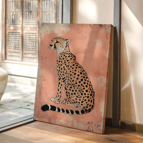 Sitting Cheetah Vintage Safari Illustration Dusty Rose Poster