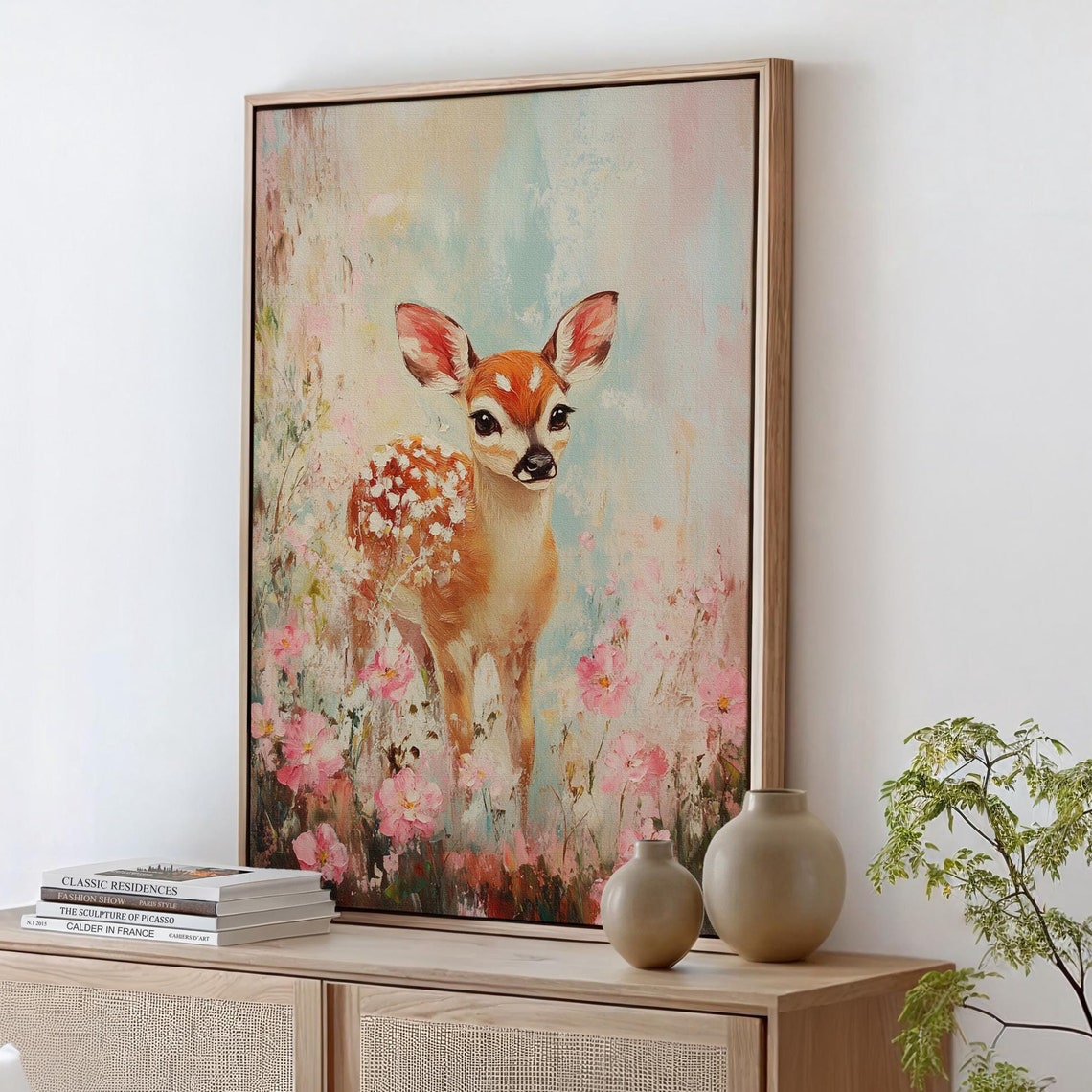 Baby Fawn Spotted Deer Pink Cosmos Flowers Pastel Spring Poster
