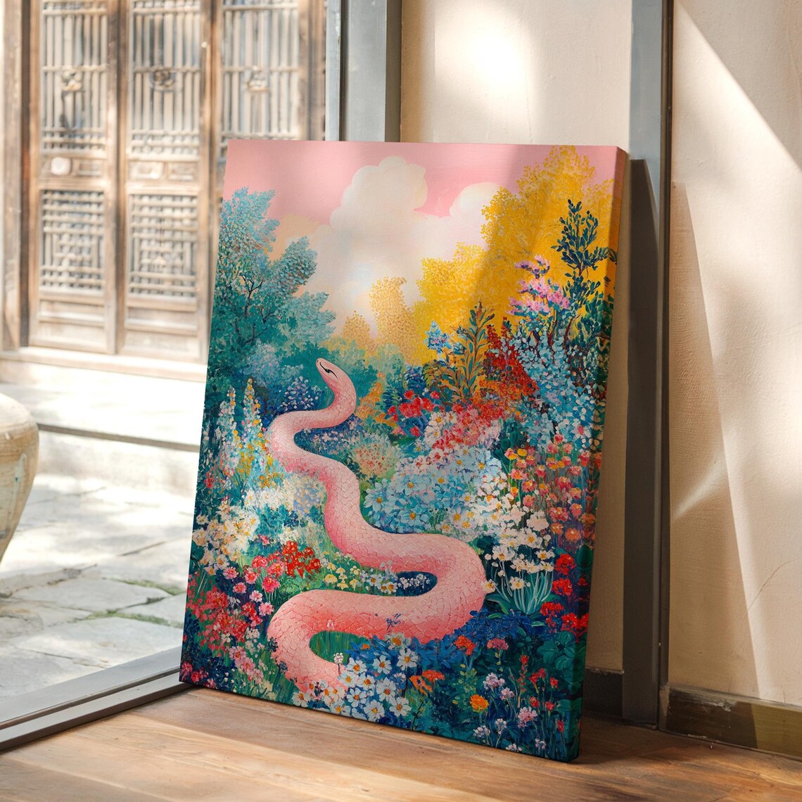 Pink Snake In Wildflower Garden Colorful Nature Scene Poster
