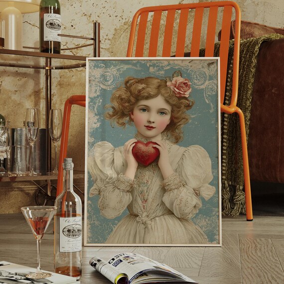 Victorian Girl Holding Red Heart Rose Hair Vintage Portrait Poster