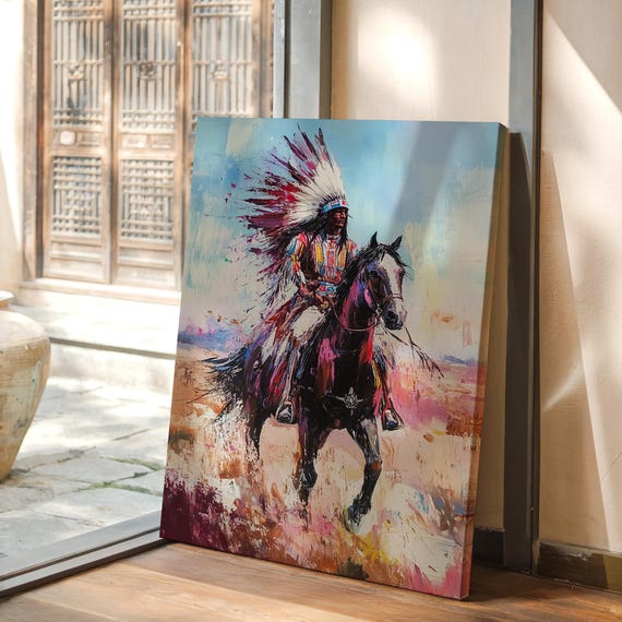 Native Warrior On Horseback Canvas Art Bold Indigenous Painting Southwest Wall Decor Colorful Western Historical Home Accent