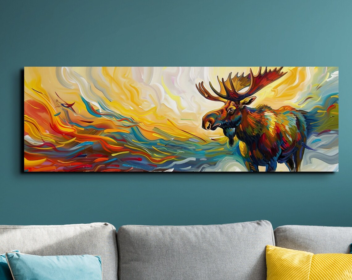 Golden Abstract Moose Standing Amid Flowing Fire And Ocean Swirls Poster