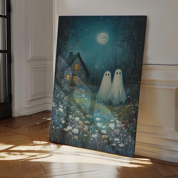 Cottagecore Ghosts Moonlit Wildflower Meadow Haunted House Print